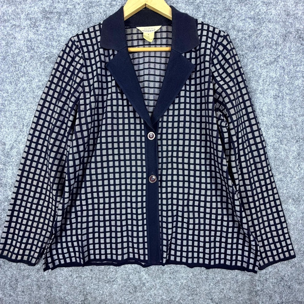 Vintage Exclusively Misook Cardigan Sweater Womens Large Blue White Check